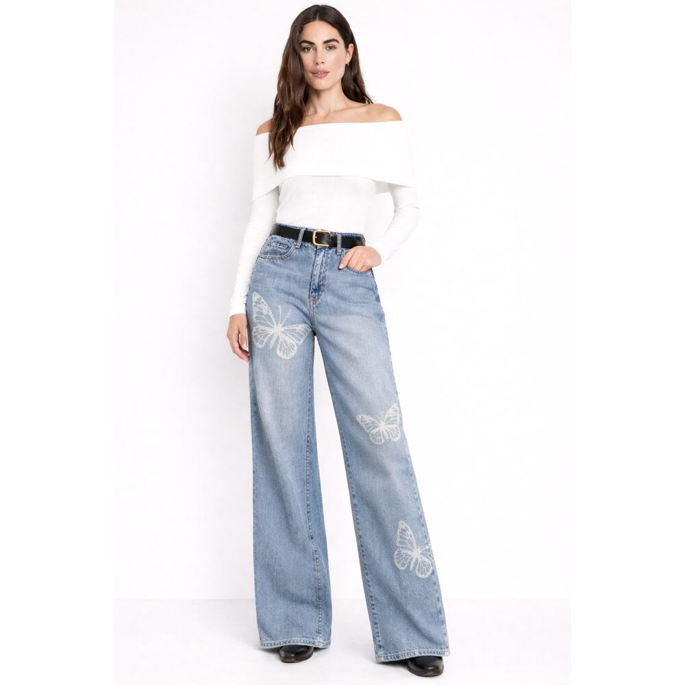 Tinseltown 26 Wide Leg BUTTERFLY High Waist Rise Jeans Light Wash Boho VNTG y2k